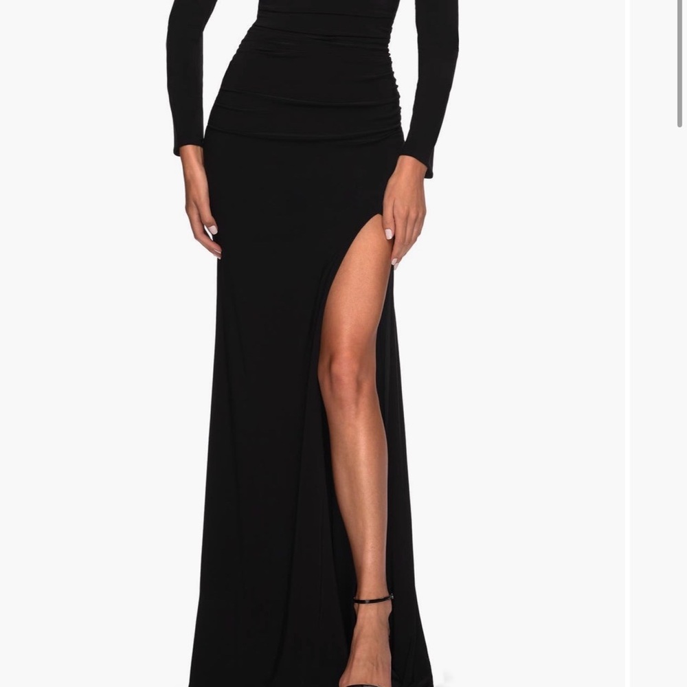 La Femme Black Off the Shoulder Jersey, Long Side-Slit Evening Gown